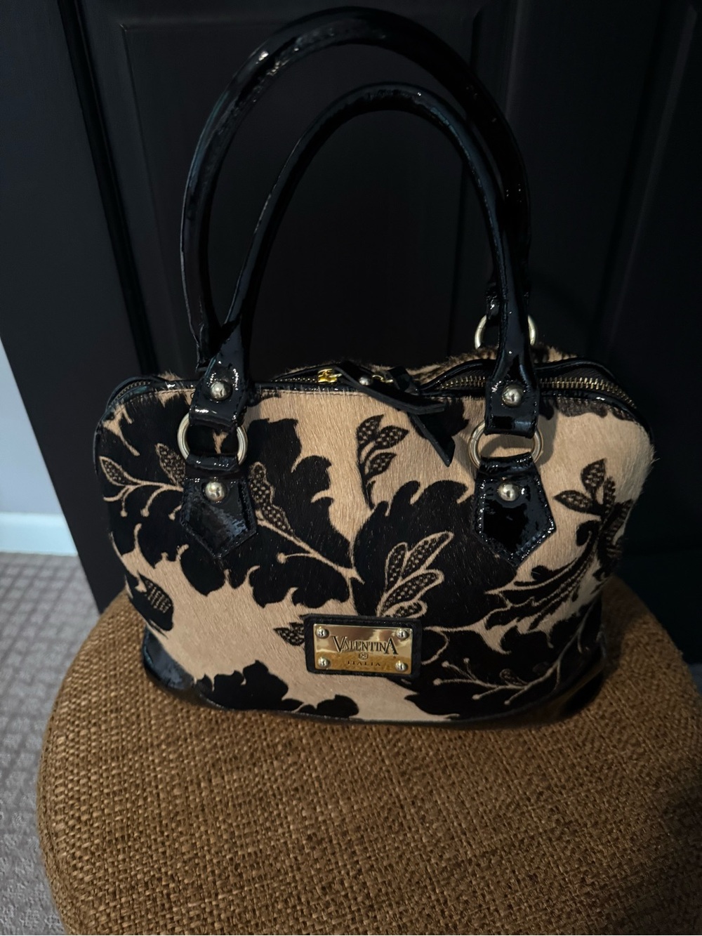 Valentina Black & Tan Floral Satchel made in Italy